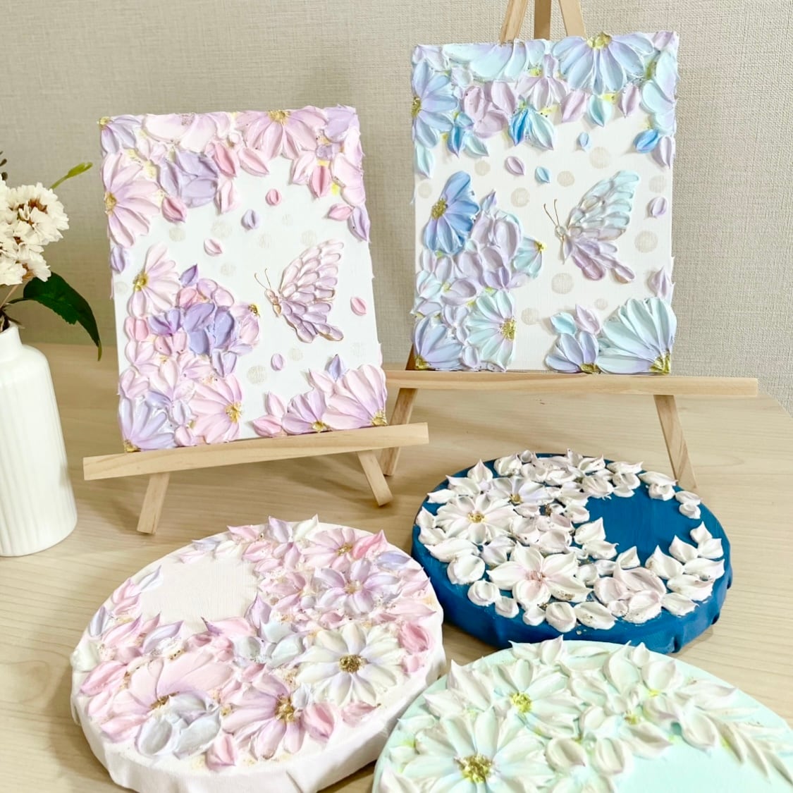 ひとひらのとき」18×14㎝ ピンク 花のテクスチャーアート 春色