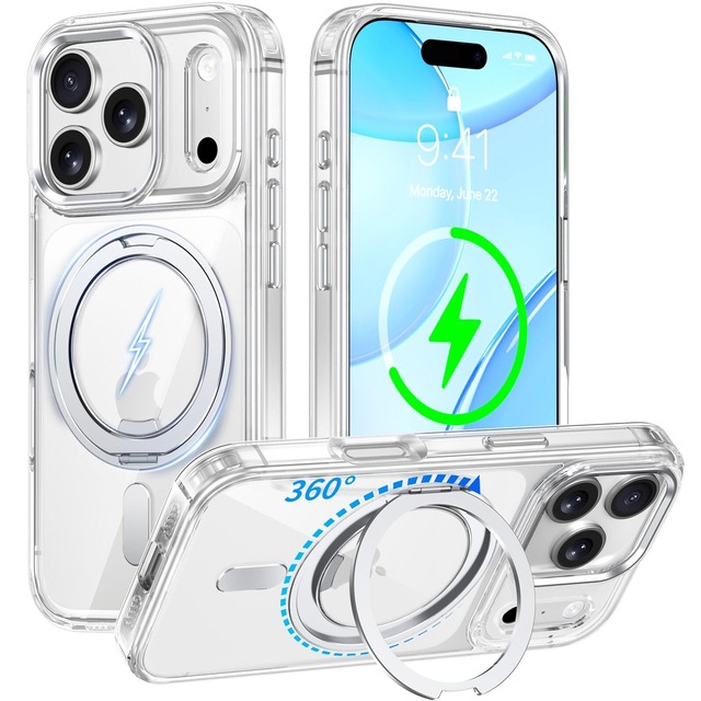 iPhone 18 Pro / 17 プロ 用 ケース Magsafe対応 360°回転スタンド Uovon ワイヤレス充電 耐衝撃・クリア