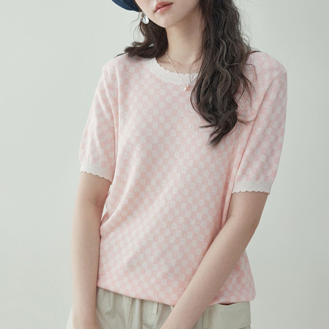 checkered lace short sleeved knit t shirt