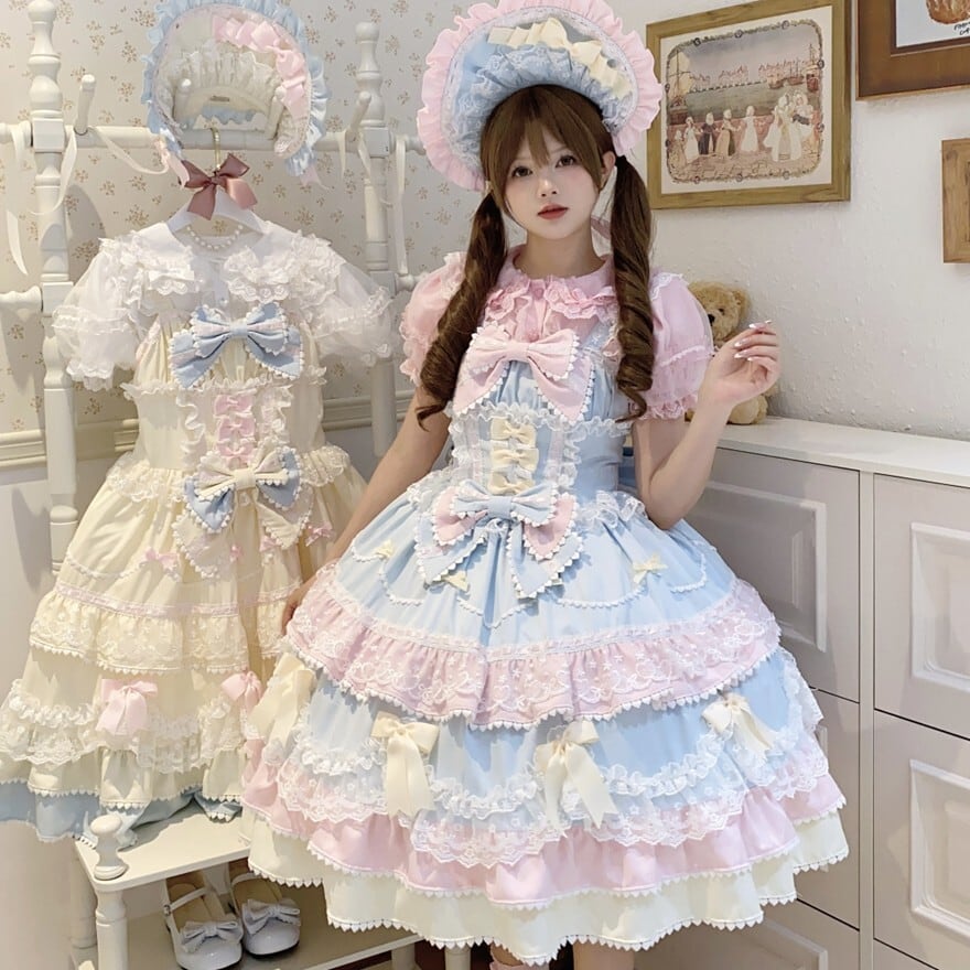 ねね様オーダーピンク　ホワイトのハーフボンネット 甘ロリ ボンネット パステルカラー×ピンク×ブルー 4色展開｜WithU