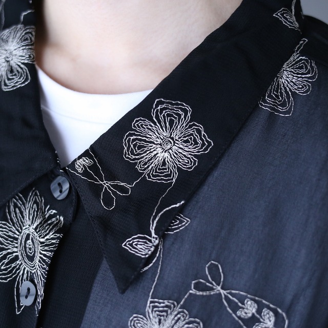 "刺繍" over wide silhouette black mode h/s see-through shirt