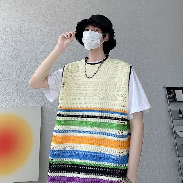 予約販売】サマーニット ノースリーブ ベスト 重ね着 ボーダー柄