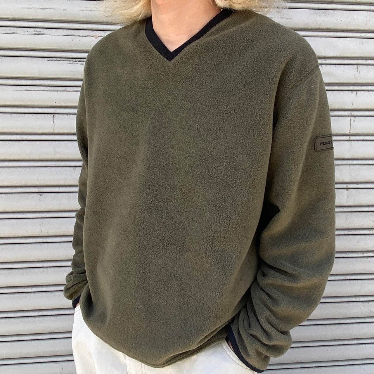 90s ポロスポーツ　バイカラーVネックフリース　ポーラテック☆カーキ　黒　M