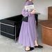 【オーバーサイズプリーツワンピース】ビッグシルエット フレア バンドカラー フリルネック 大人ガーリー