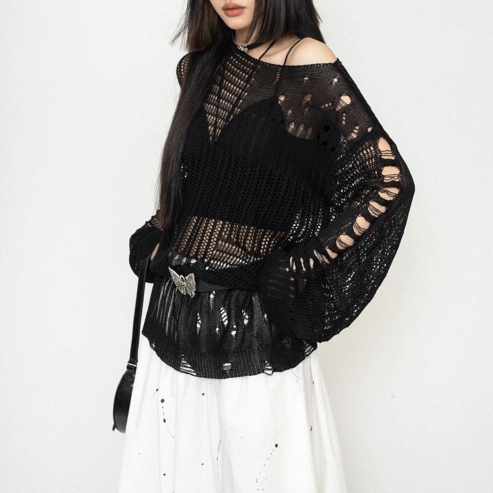 sheer damage knit tops / l0876
