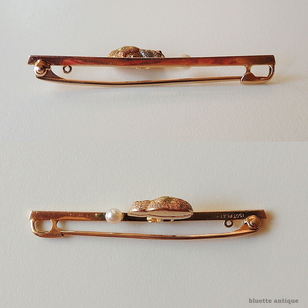 英国アンティークジュエリー 15ctゴールド・プラチナ アコヤ真珠 天然ルビー ヒヨコ バーブローチ(ソーティングメモ付)