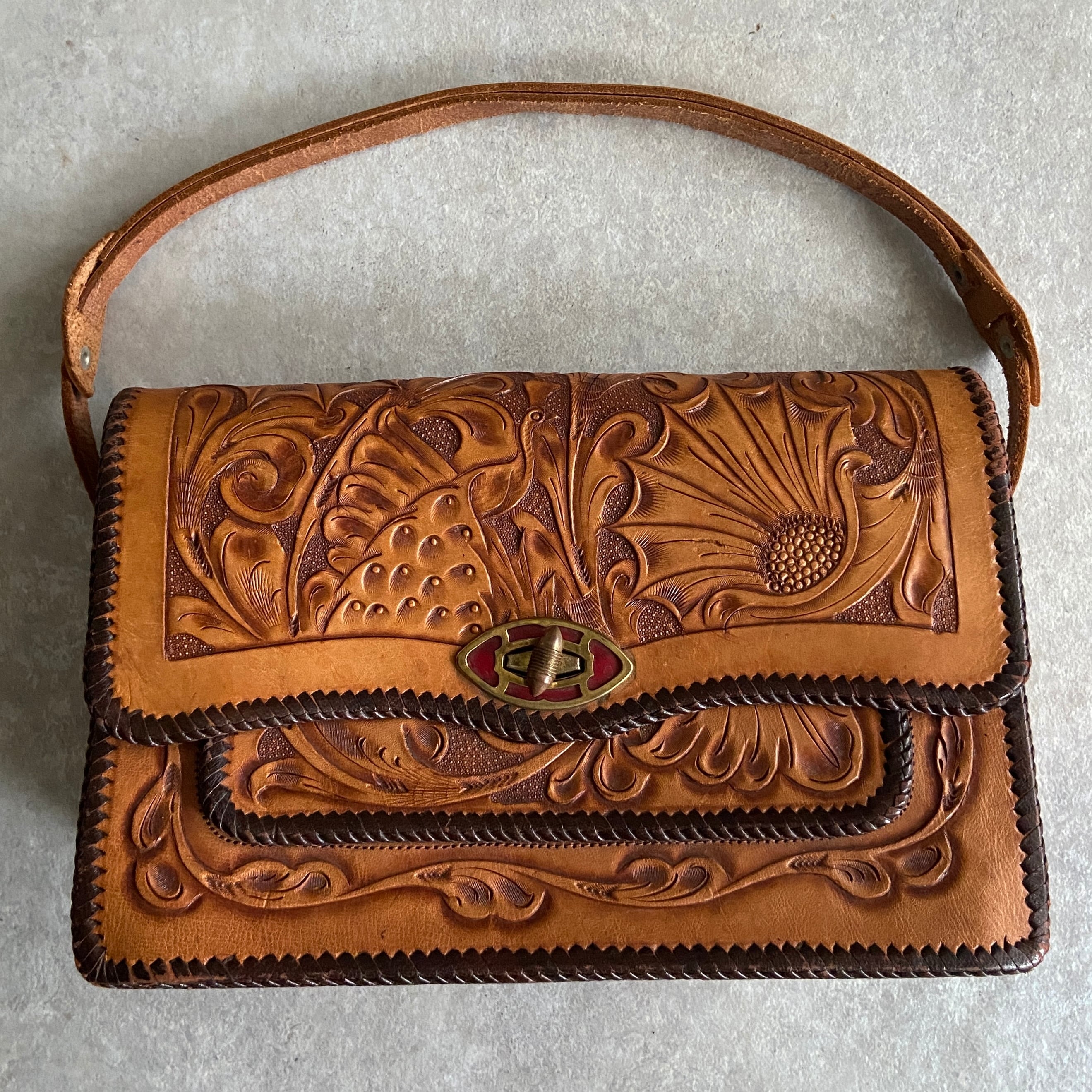 1970s Leather Tooled Handbag H356