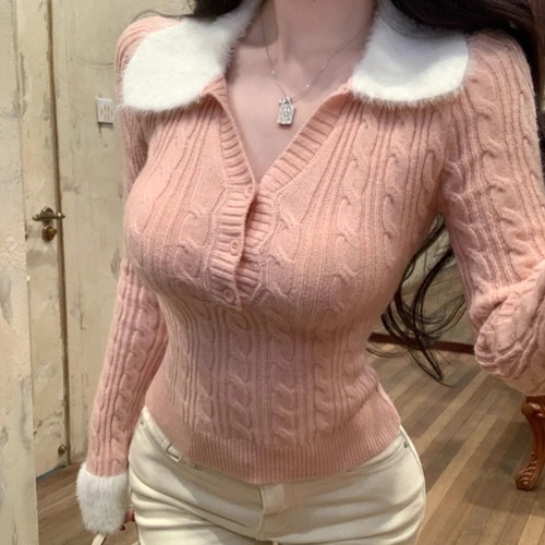 3色／ファーデザインケーブルニットポロトップス ・13279