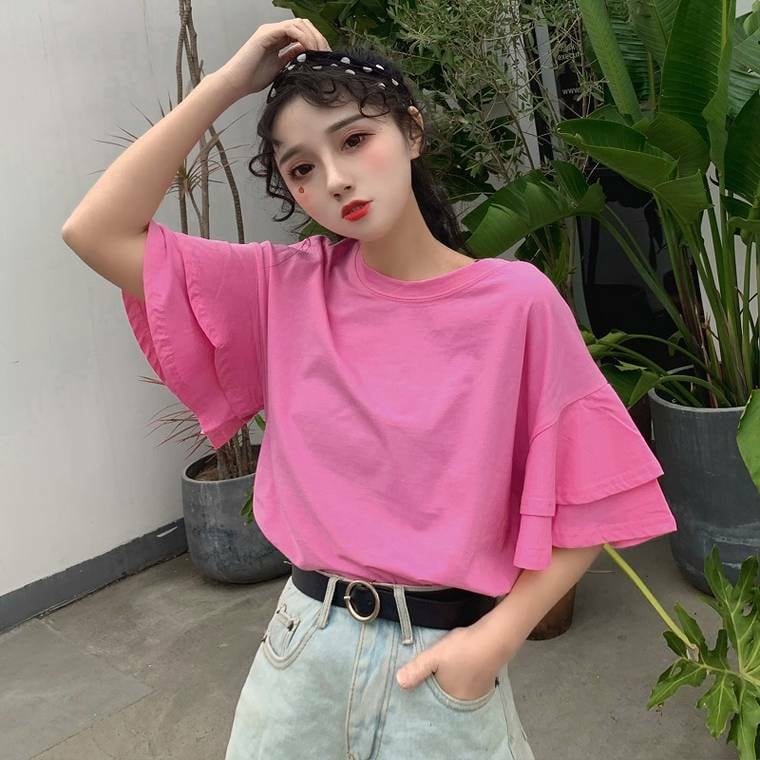 レディース トップス Tシャツ 袖コンシャス フリル袖 ラッパ袖 2段