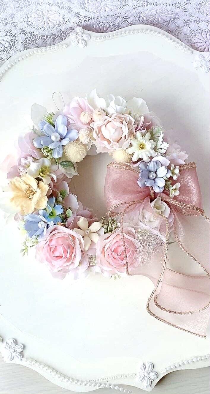 【WR-004】【ふんわり優しい彩りのラウンドリース】パステルピンク×ブルー/壁掛け/インテリア/贈り物におすすめ