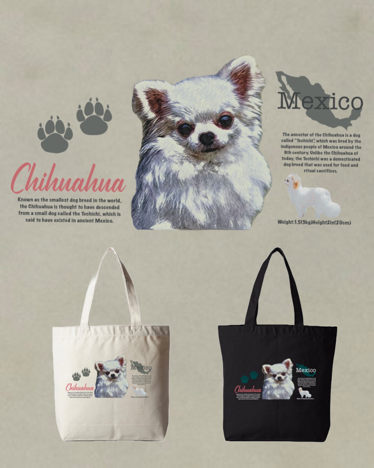 LAPSI DOG BOOK Chihuahua canvas tote bag