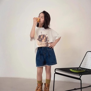 夏キノコ柄レース裾デニムショートパンツ