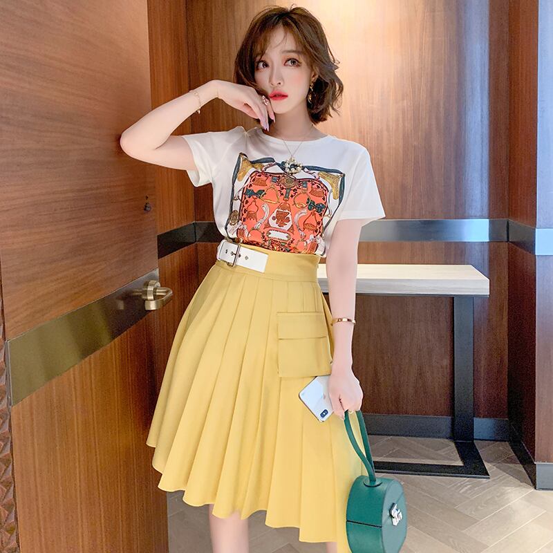 ベルト ハイウェストウェスト薄手プリーツスカート サマー 夏物 ハーネス MIUCO36296459504