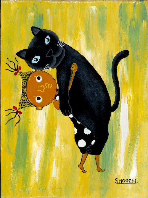 「大きな黒猫を抱っこするエンジョちゃん」キャンバス地レプリカ（A2サイズ）