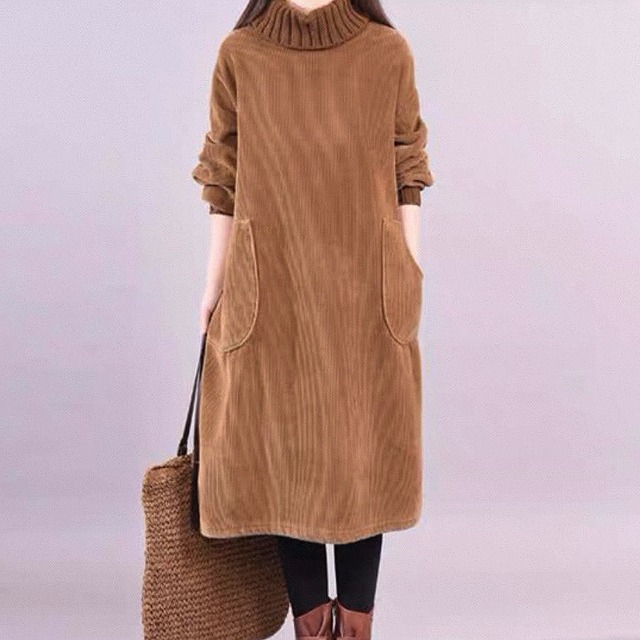 Plus size fleece lined corduroy long sleeve dress (SN240)