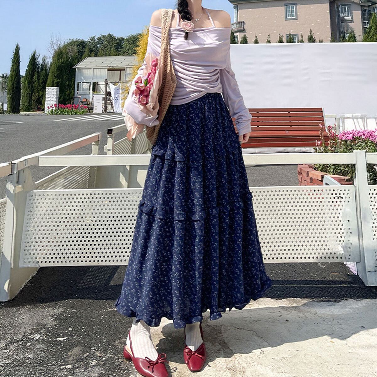 ロングスカート ティアード レディース おしゃれ 春夏 韓国 小花柄 ティアードスカート 大人 きれいめ かわいい フェミニン ゆったり 体型カバー フリルティアード ハイウエスト Aライン 大人可愛い 大人女子