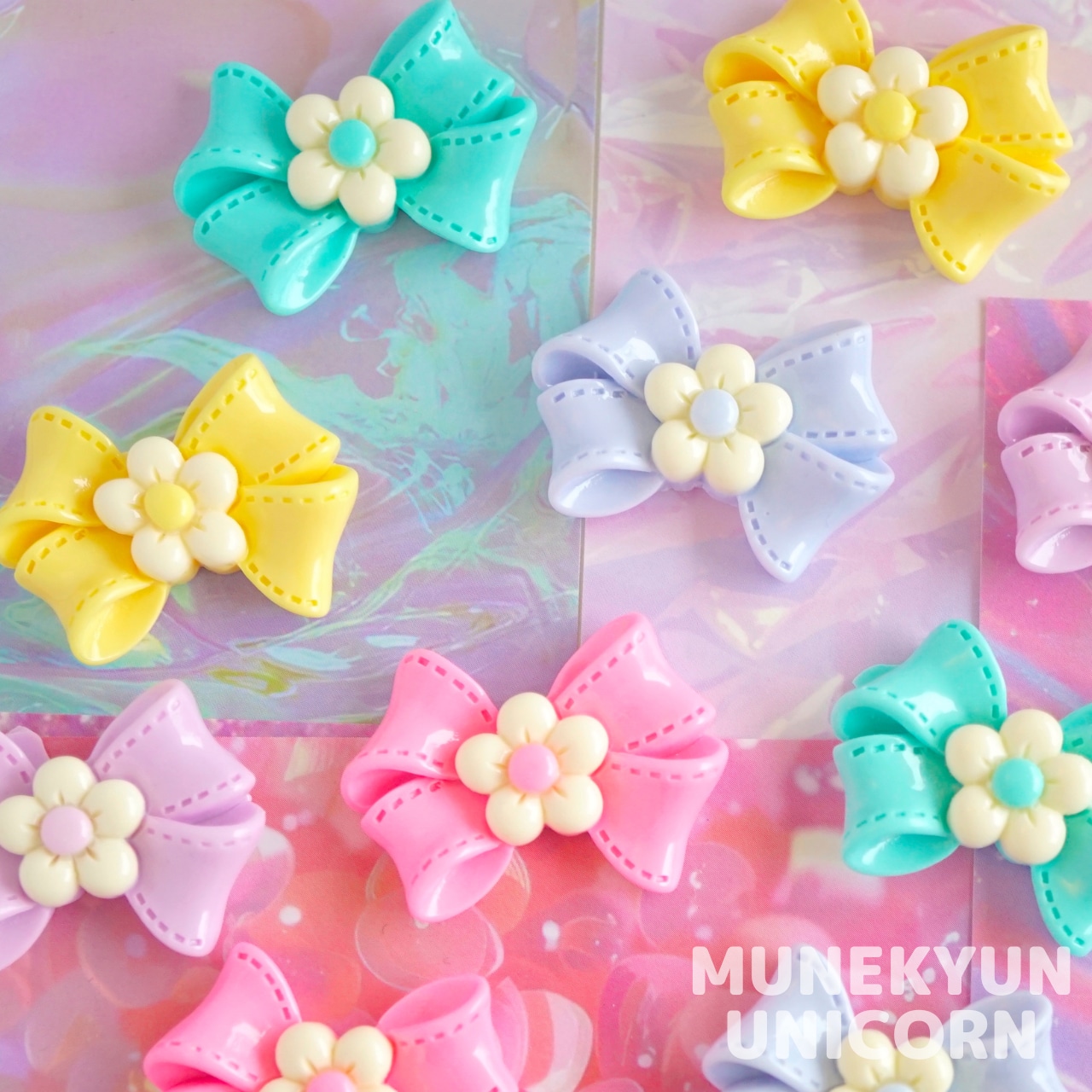 #D652【1個】花とリボンのデコパーツ【6色展開】