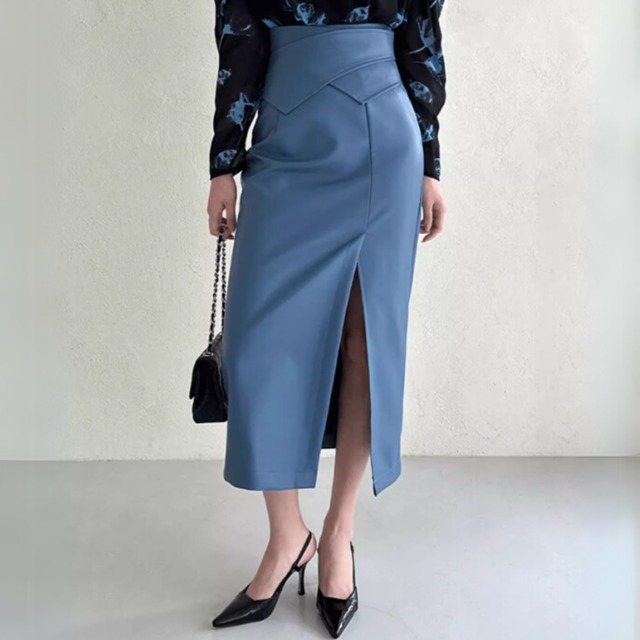 High waist elegant cross stitch middle leather skirt ( 2color )