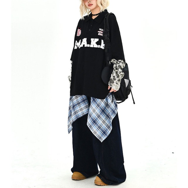 camouflage sleeve fake two-piece polo long tee　迷彩スリーブフェイクツーピースポロロングティー　J1780