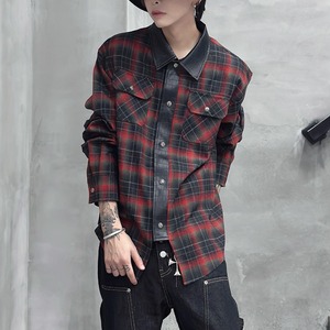 PU切り替えレッドチェックロングスリーブシャツ（ruf_02659）