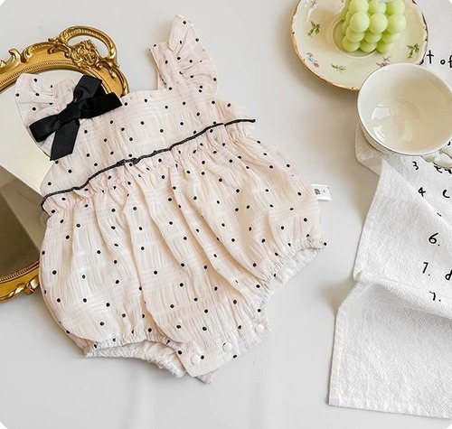 【66～90】ドットリボンフリルベビーロンパース
