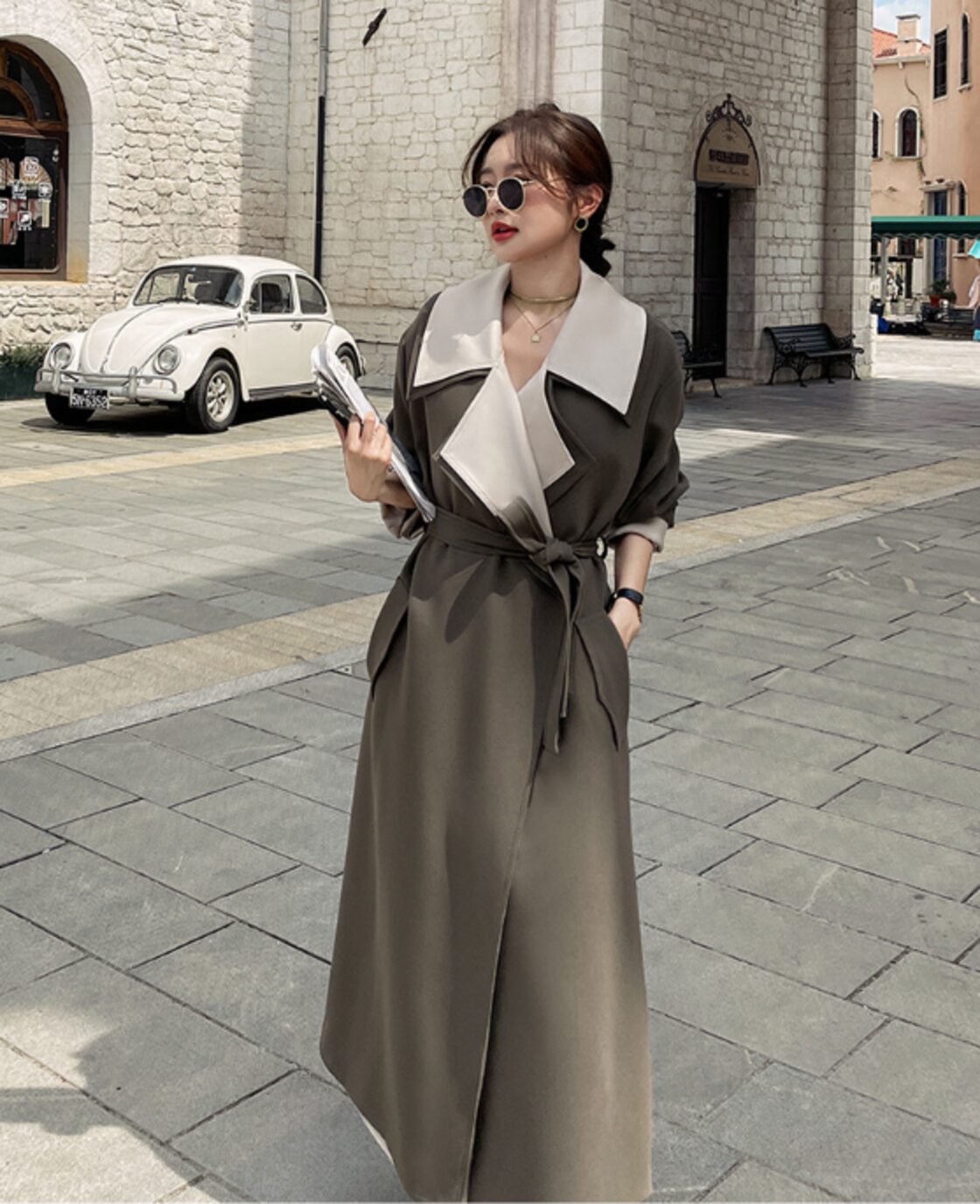 送料無料】 コントラストカラーロングコート バイカラー ロング丈  