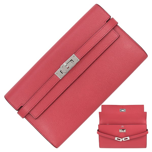 Used HERMES エルメス 長財布 ケリーウォレット ロング ヴォーエプソン ブーゲンビリア シルバー金具 C刻印 中古美品