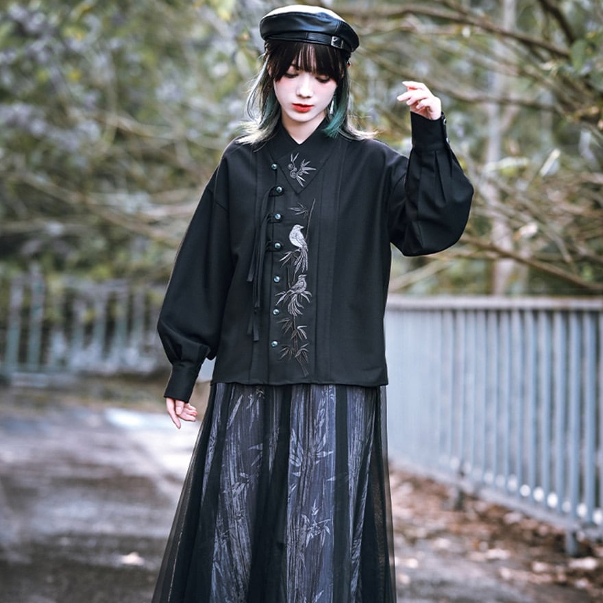 チャイナ風服 古怪舎 チャイナ服 長袖シャツ ブラウス 刺繍 鳥