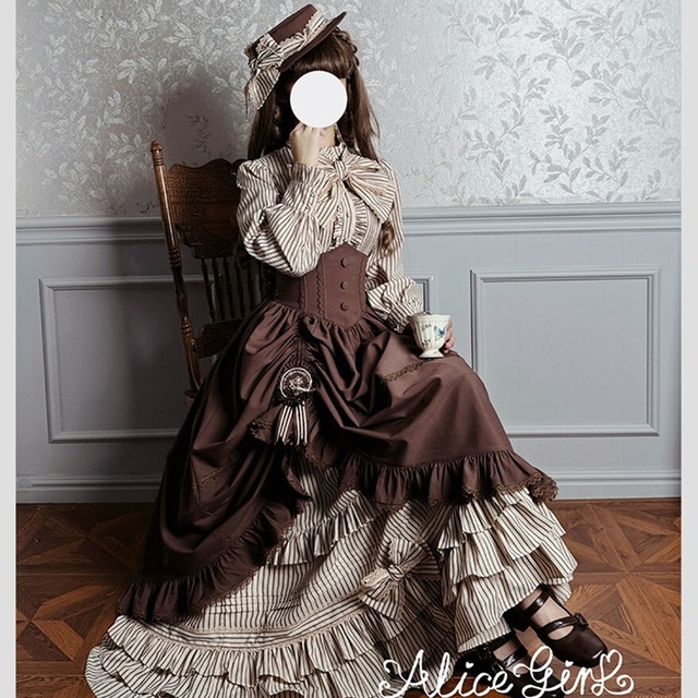 【予約商品】クラシカルロリータ｜縦ストライプと大リボンが主役 ヴィクトリアン調５点セットアップ｜SEASONZ