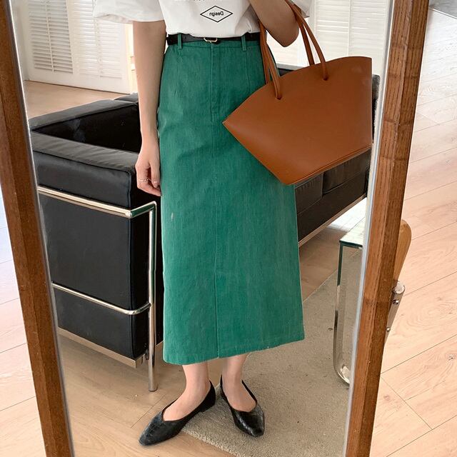 ミディ丈グリーンデニムスカートmn744 Me Nt ミーノット