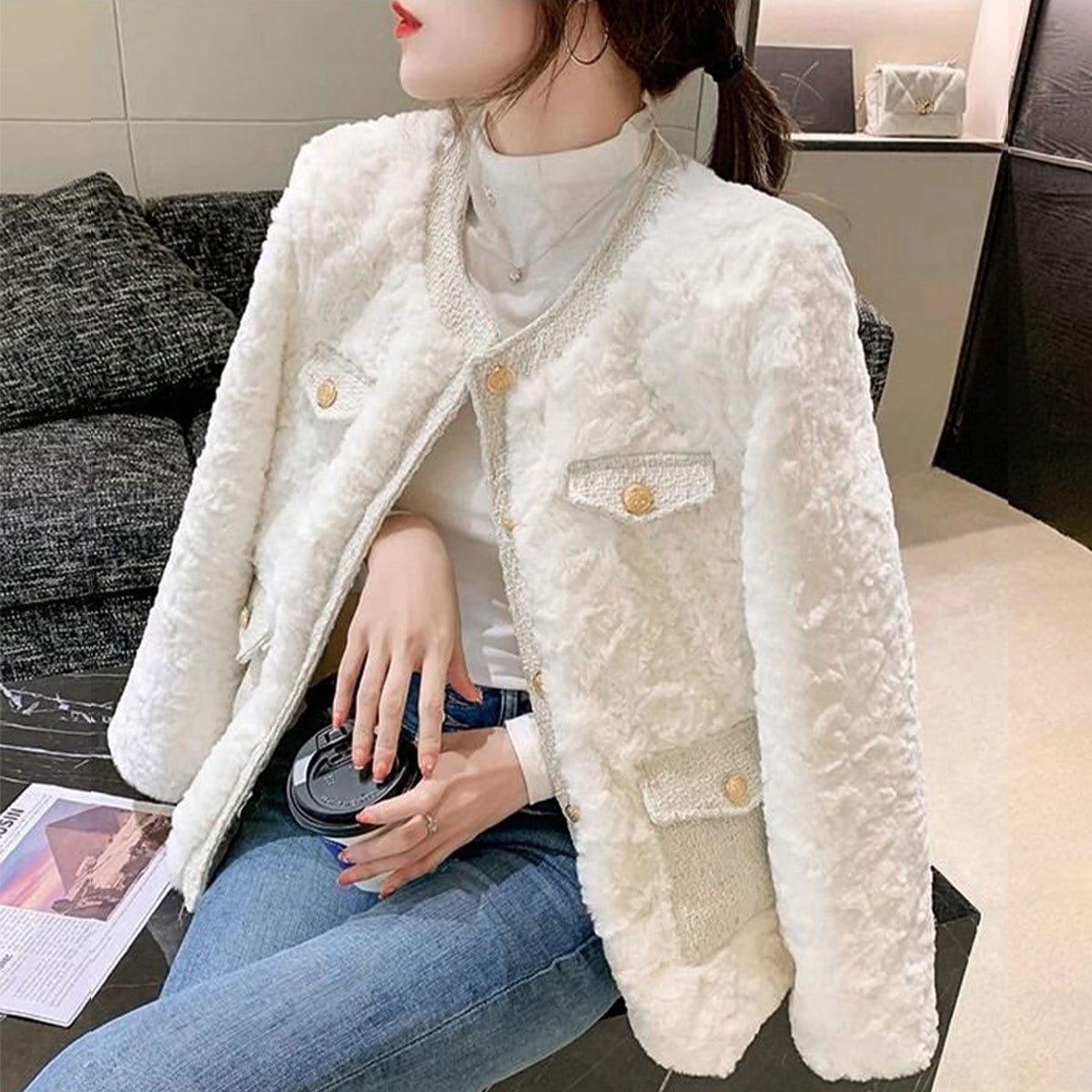 ボアジャケット 中綿 アウター レディース 秋冬 韓国 ファー ジャケット きれいめ 防寒 保温 大人 カジュアル おしゃれ ふわふわ ノーカラー 上品 軽量 暖かい 大人可愛い 大人女子