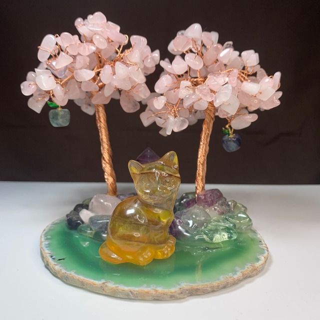 1.ローズクォーツ招財樹×フローライトねこ