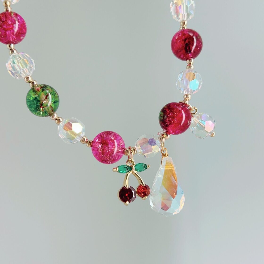 A274 強力魔除け 災いを跳ね除け 不要なしがらみを断ち切る お守り チェリーブレスレット クリスタル ピンク 恋愛運 成就 魔術師 アリエル 叶う  数珠 カワイイ レッド フルーツ さくらんぼ ツイン ピンク | Pay ID