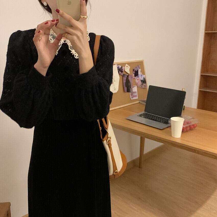 スタイルスタンダードベルベットドレス レースカラーハイウェストウェストロングスカート 薄手ウィンター レトロ 冬物 ビッグFスモールZ韓国35660818435