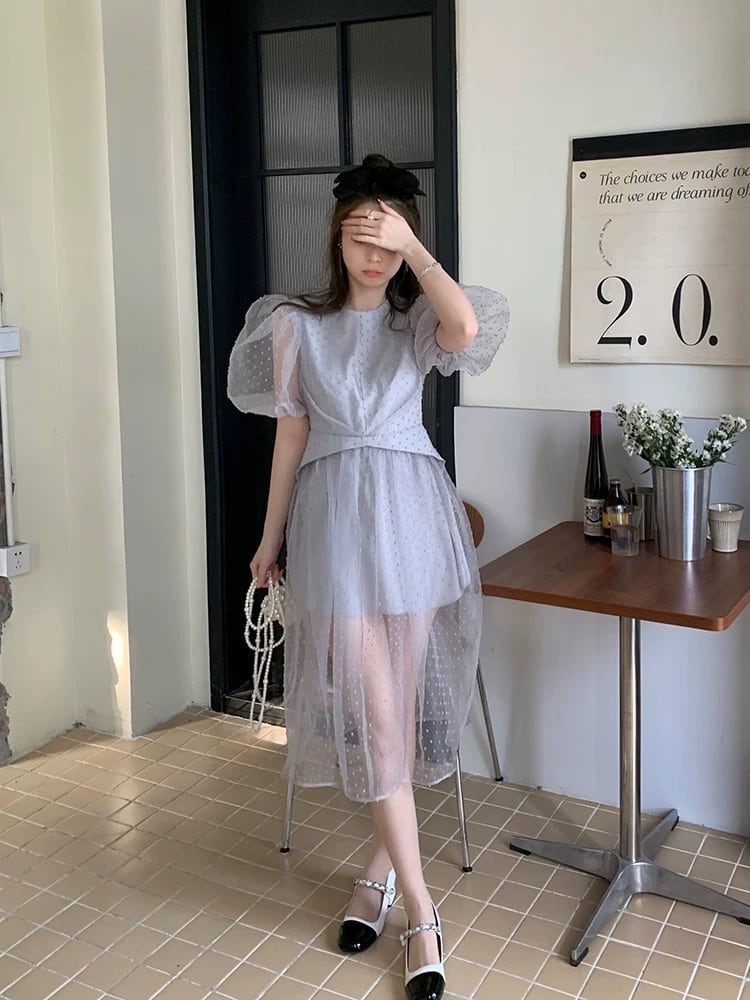 水色 グレー シースルー お嬢様 リボン 水色 ブラウス シャツ