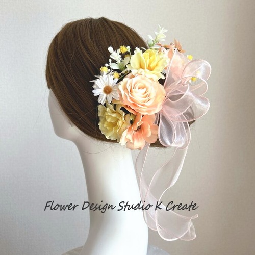 ピーチピンクの薔薇とデージーのヘッドドレス　デージー　ヘッドピース　髪飾り　成人式　卒業袴　結婚式　ウェディング　