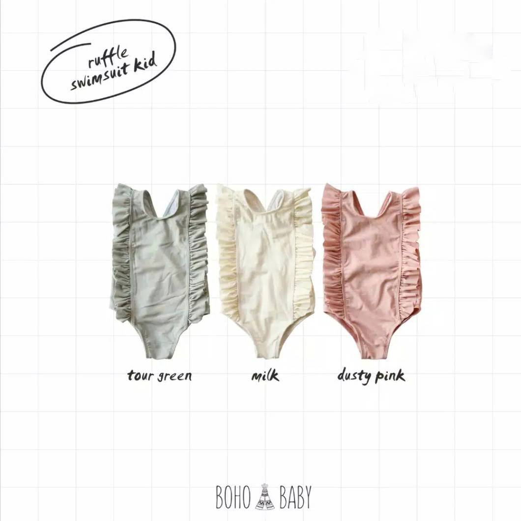 Boho baby/4Y-5Y/Ruffle swimsuit Milk,Green /キッズ水着♡クロスバックラッフルワンピース