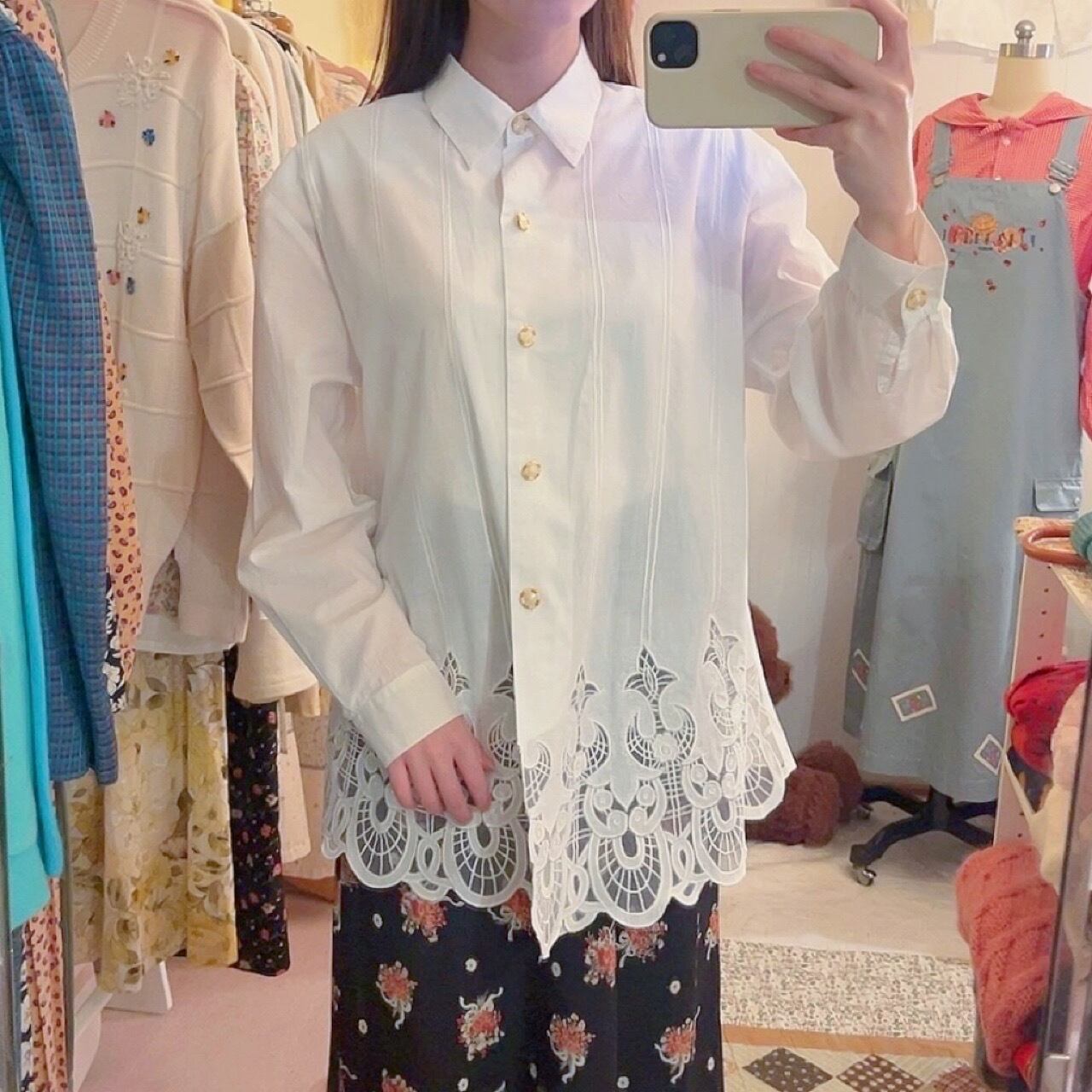 gold button hem lace blouse