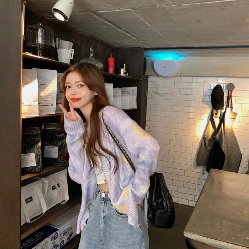 絞り染めニットスモールカーディガンレディース秋バージョン新作優しい風怠惰なルーズ長袖セーターコートジャケット ブラックストロベリース92833367923