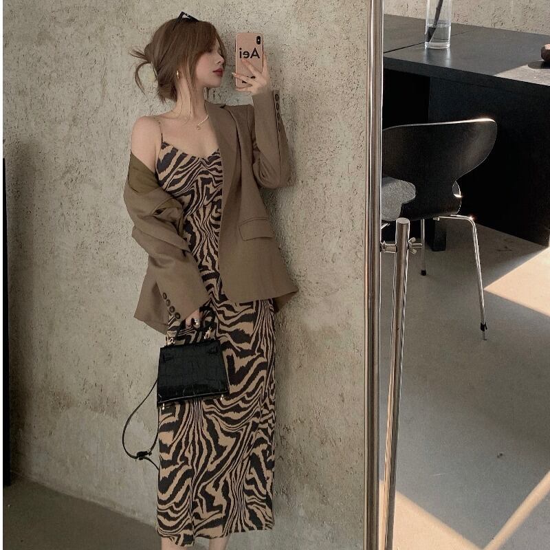 スタイルルーズウェストジャケット スタンダードパターンドレス セット レトロ ストリート YY-ファッション96424341085