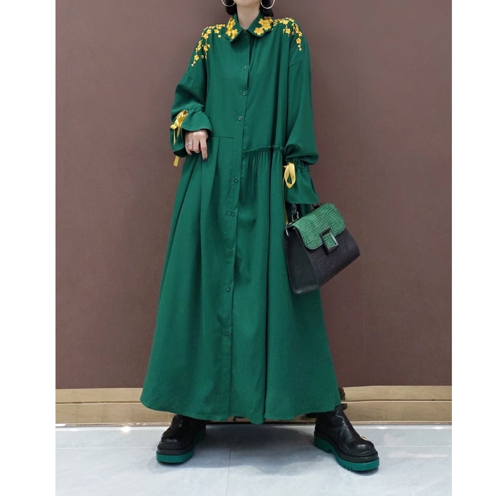 GREEN A-LINE LONG SHIRT DRESS 1color M-3939
