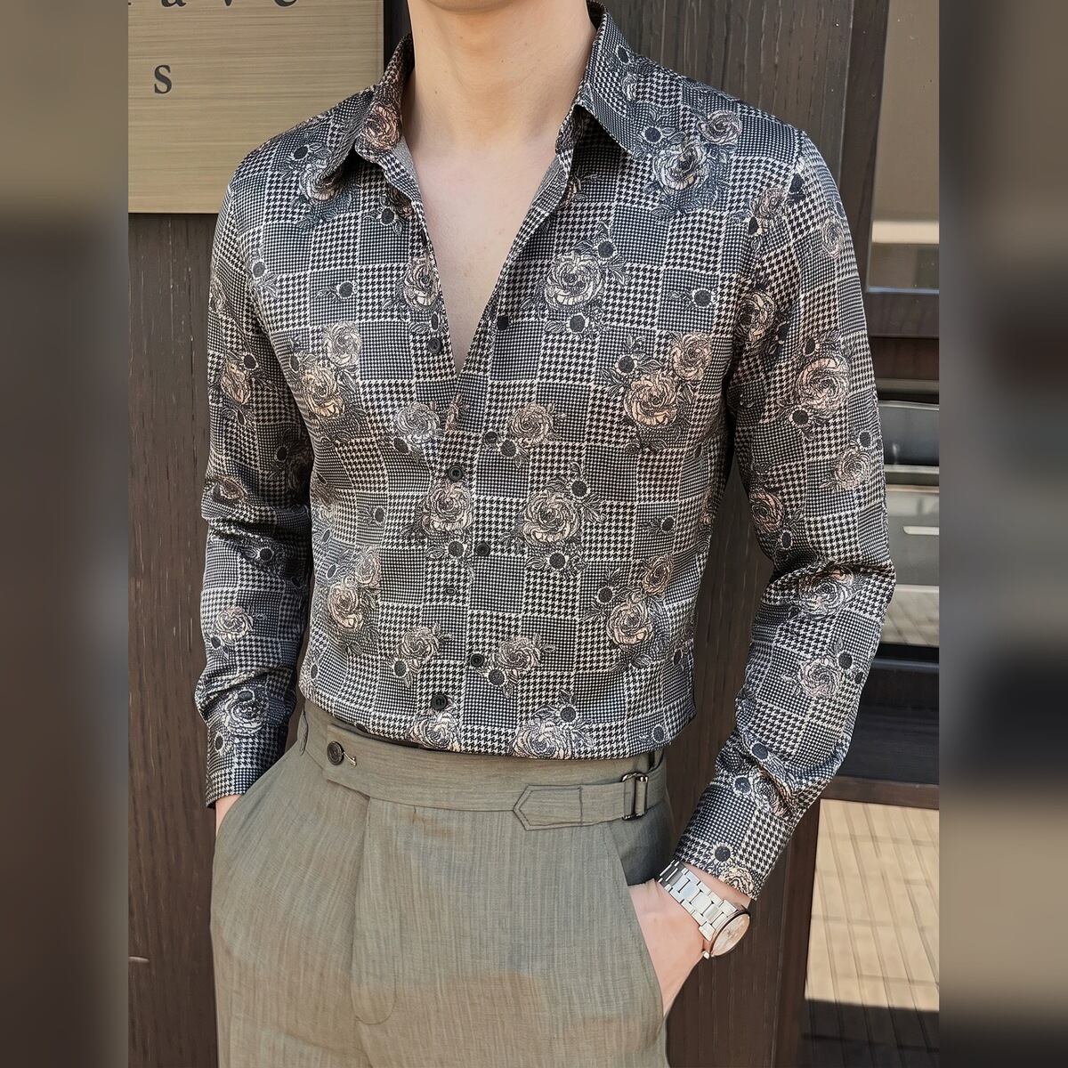 千鳥格子 フラワー柄 長袖 シャツ 2color KA1425