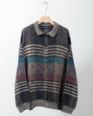 check pattern ramie x cotton knitted polo shirt