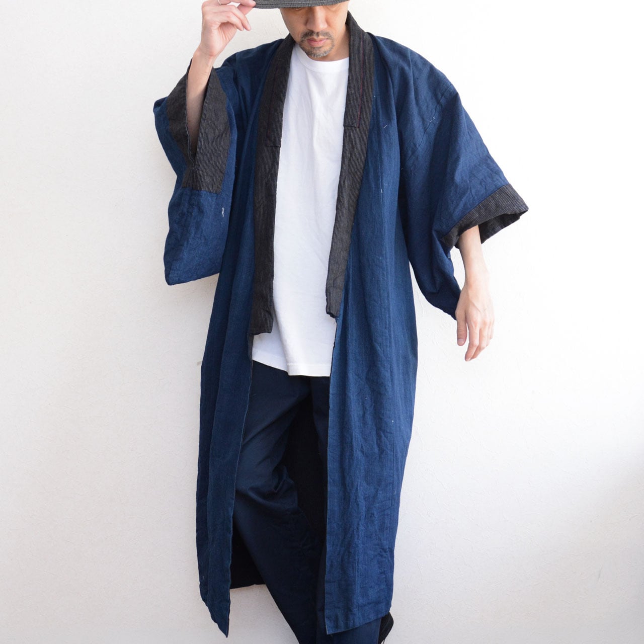 大正〜昭和初期 藍染縞木綿の男物着物｜藍無地裏の長着｜ジャパン