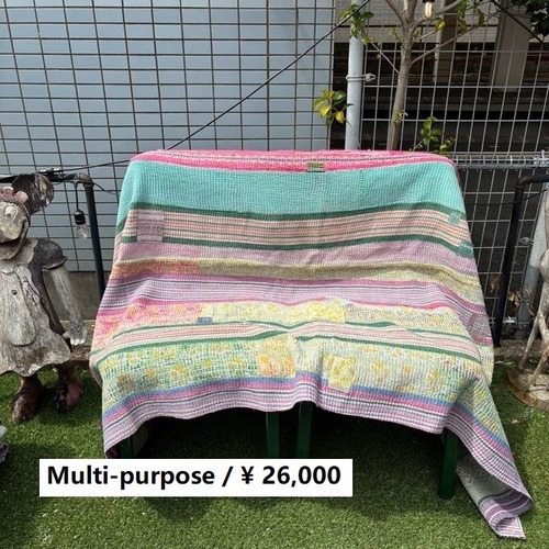 インド　ヴィンテージラリーキルト　26000-20　110×200cm　カンタ　ベッドカバー　ソファカバー　マルチカバー　ハンドメイド　１点もの　ブルー　グリーン