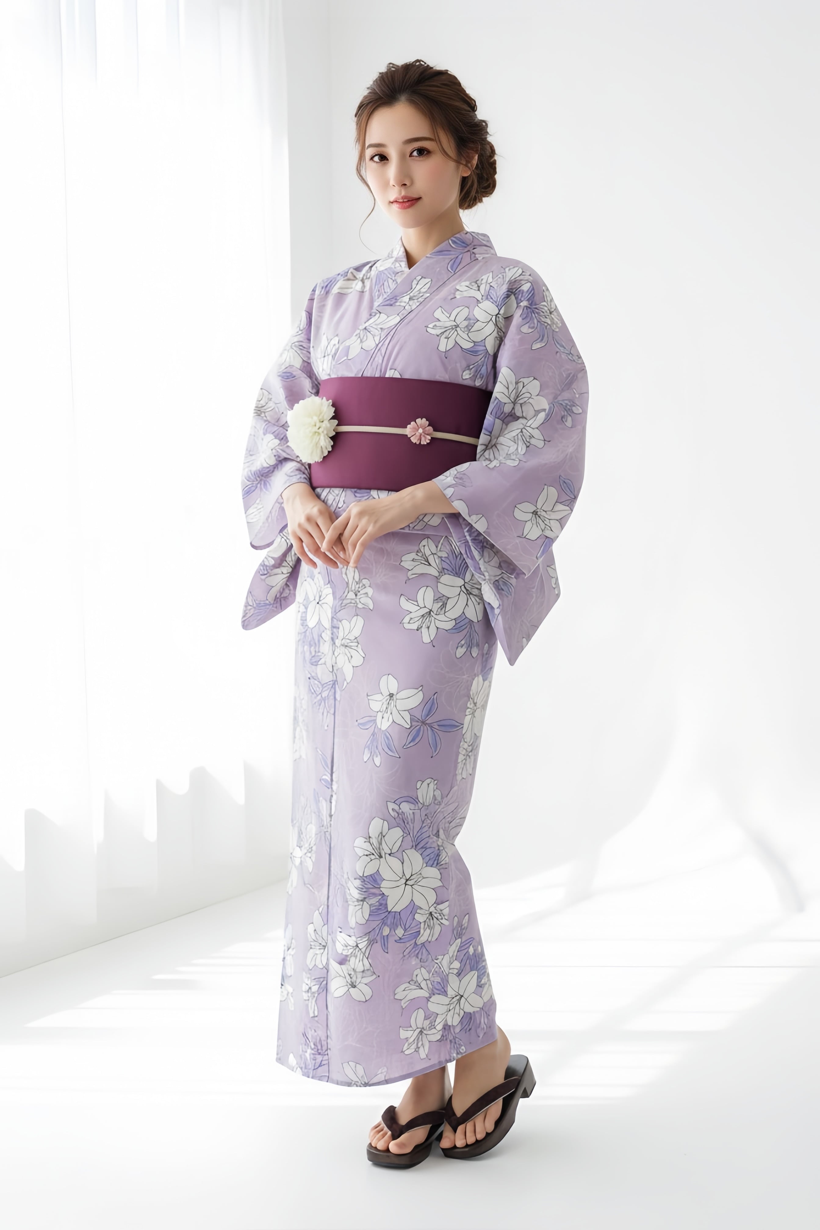 浴衣ジェンヌ 浴衣5点セット 紫ピンク 花柄 ゆかた 半幅帯 レディース浴衣 浴衣