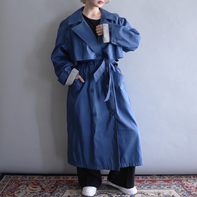 sky-blue double button spring long coat