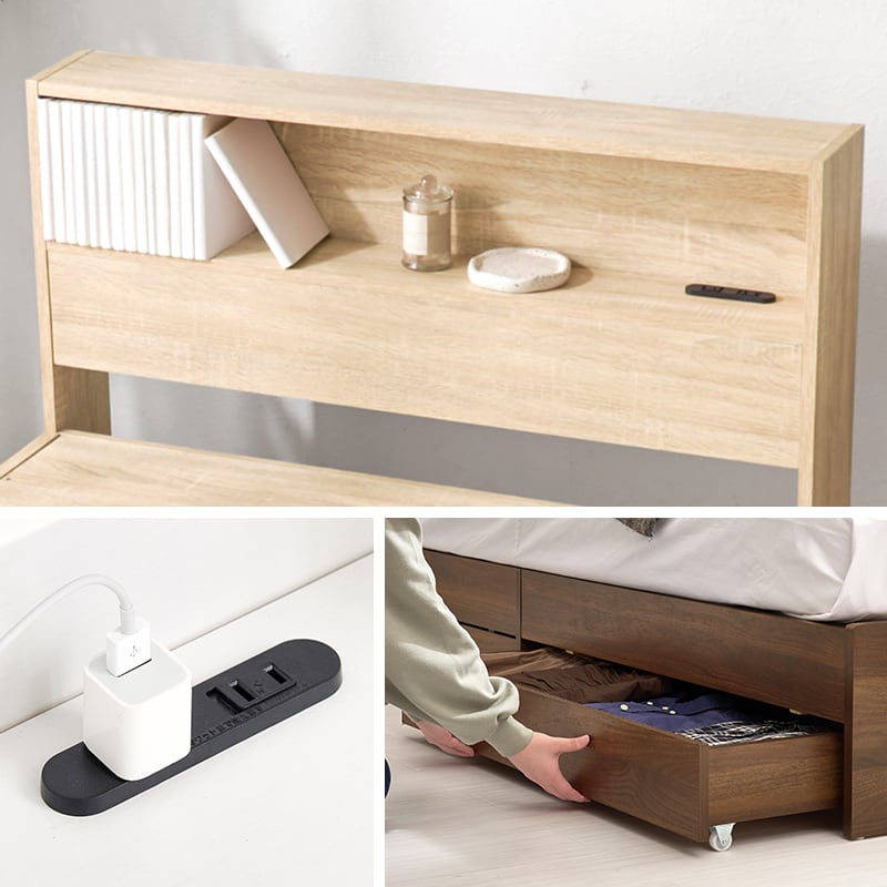 【組立式】耐荷重350kg 引出し2杯 宮棚付きシングルベッド ロングサイズ 3色展開 一人暮らし ワンルーム 幅98cm