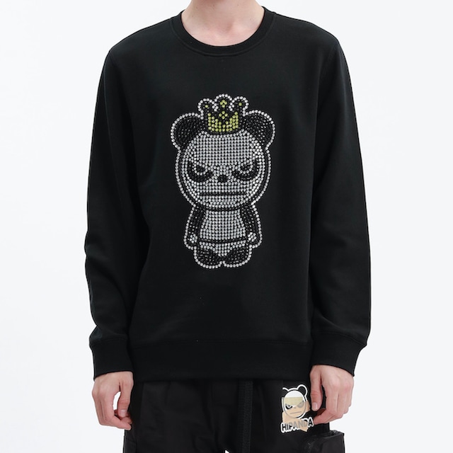 送料無料【HIPANDA ハイパンダ】メンズ キングパンダ ラインストーン クルーネック スウェット トレーナー MEN'S RHINESTONE KING HIPANDA LOGO CREW NECK SWEAT SHIRT / BLACK