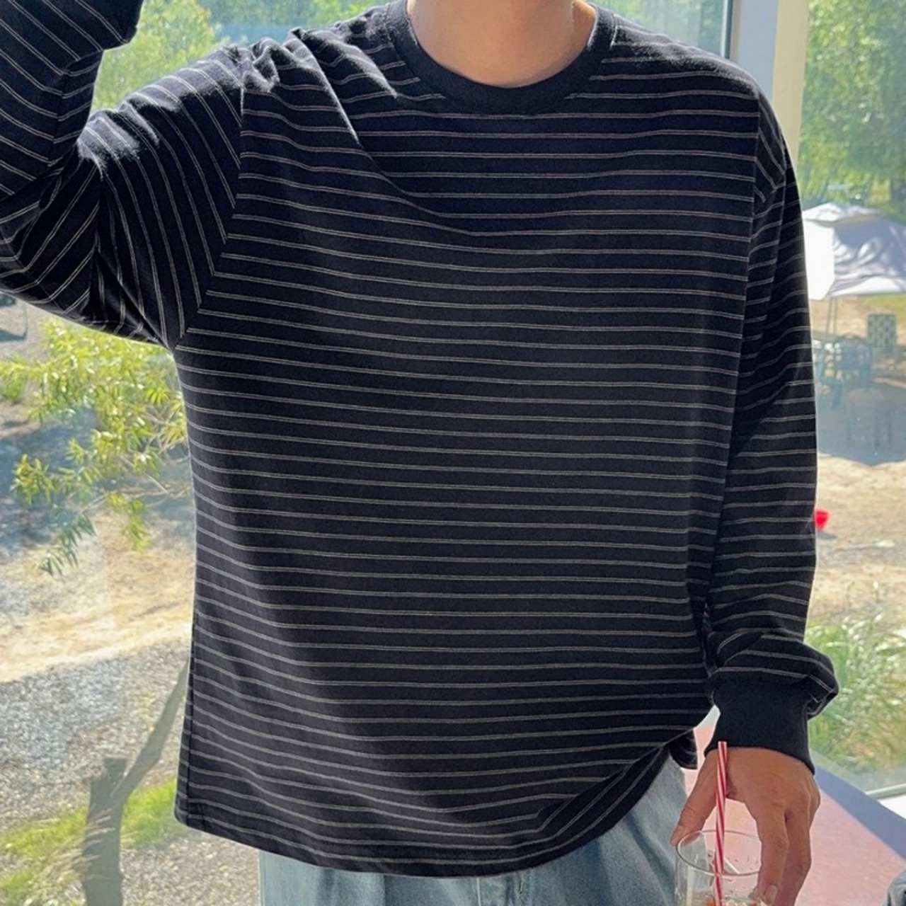 シンプルベーシック細ボーダーロングTシャツ　1324